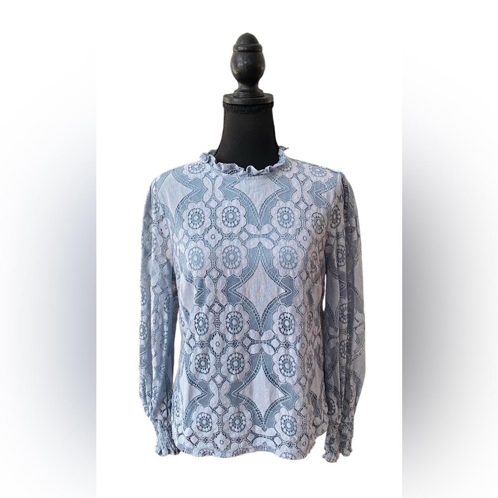 Ultra Pink: Blue Lace Ruffle Mock Collar Blouse